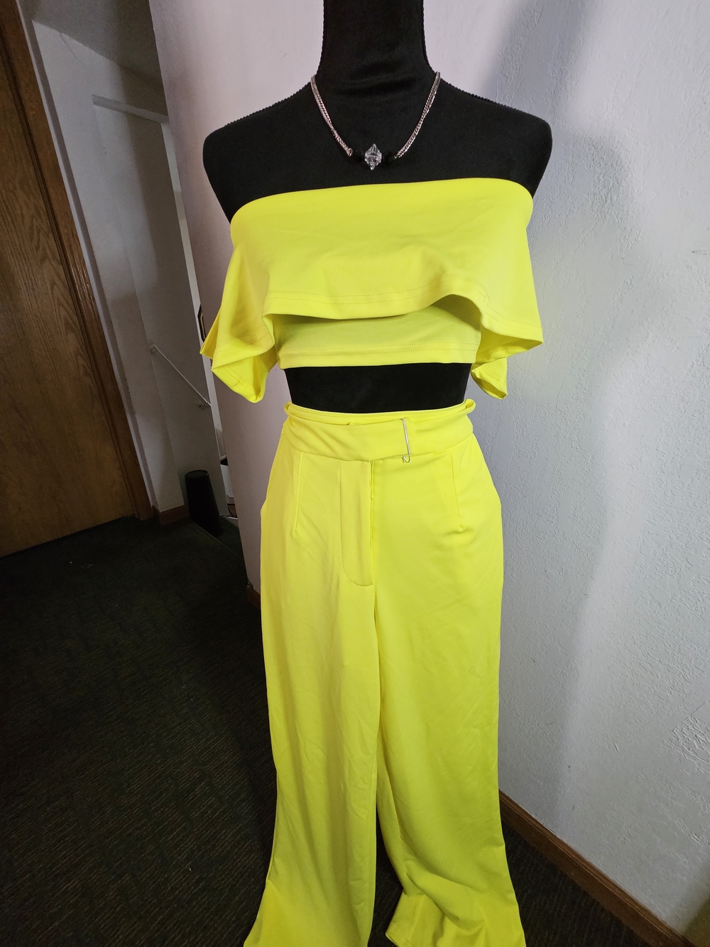 Neon Yellow Off-Shoulder Ruffle Crop Top & Pants Set